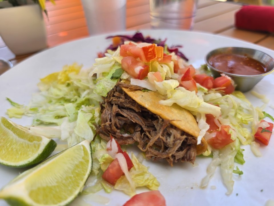 Outdoor patio seating at a Mexican restaurant.
