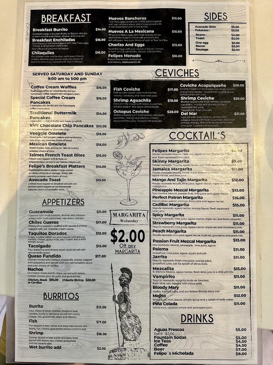 Printed menu with breakfast and lunch choices.