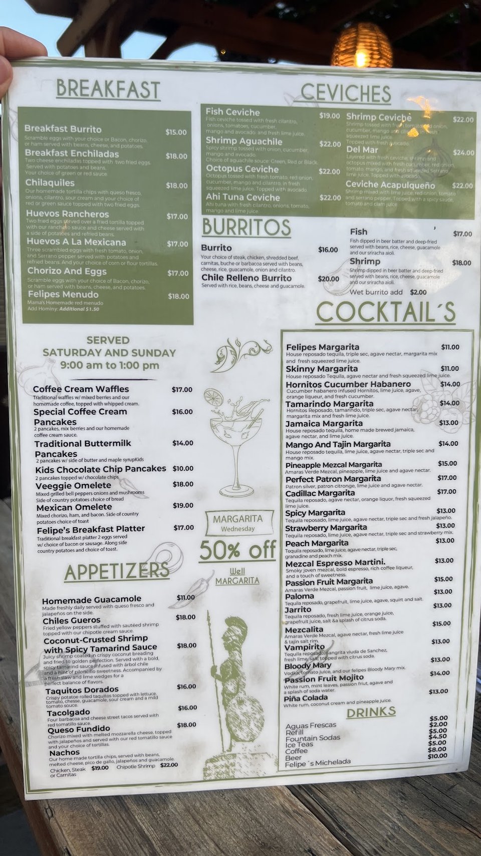 Mexican dishes listed on a simple menu.